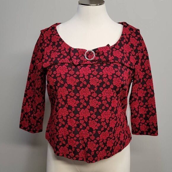 Unique Vintage Top Shirt 2X Red Black Brocade Bow Rhinestone Rockabilly Trad Wif - Picture 1 of 11